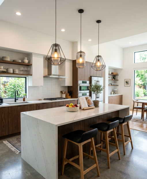 Modern kitchen with marble island, wooden cabinets, pendant lights, and adjacent dining area with large windows
